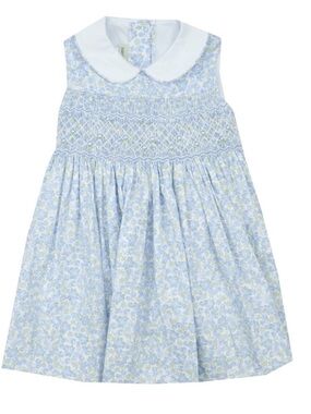 Smocked Floral Peter Pan Collar Dress in Light Blue